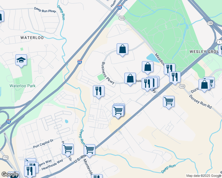 map of restaurants, bars, coffee shops, grocery stores, and more near 7990 Alchemy Way in Elkridge