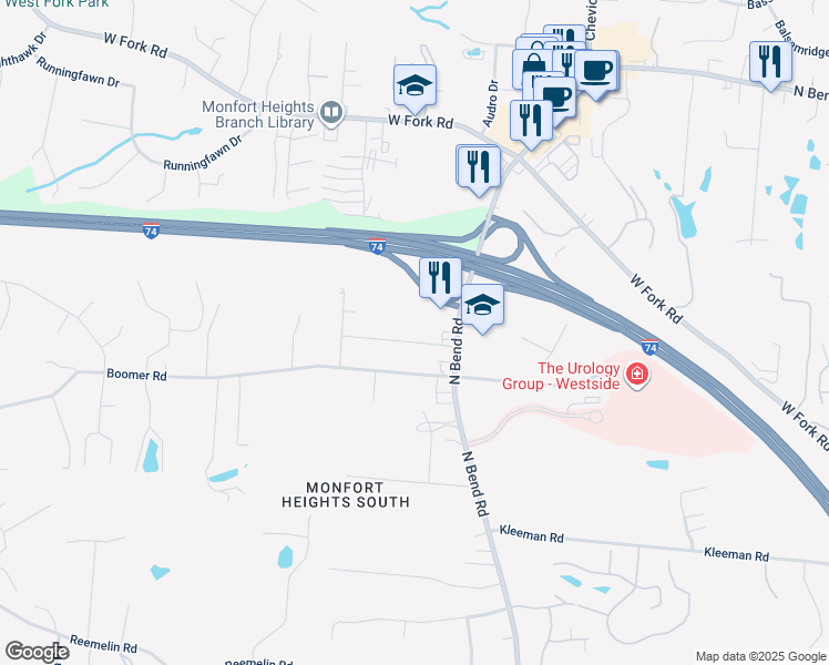 map of restaurants, bars, coffee shops, grocery stores, and more near 3680 Monfort Heights Drive in Cincinnati
