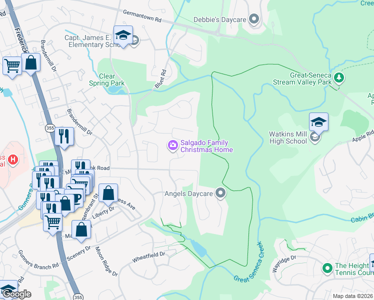 map of restaurants, bars, coffee shops, grocery stores, and more near 19914 Knollcross Drive in Germantown