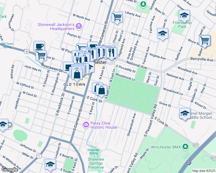 map of restaurants, bars, coffee shops, grocery stores, and more near 225 East Boscawen Street in Winchester