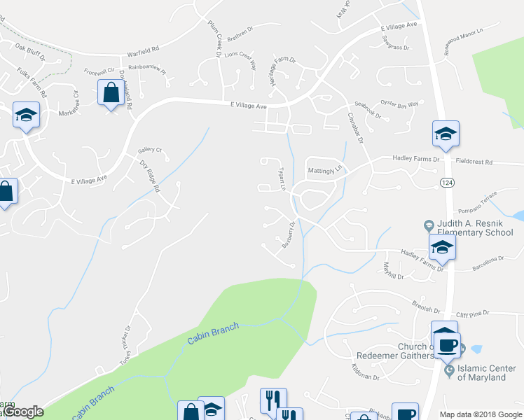 map of restaurants, bars, coffee shops, grocery stores, and more near 7714 Shady Brook Lane in Gaithersburg