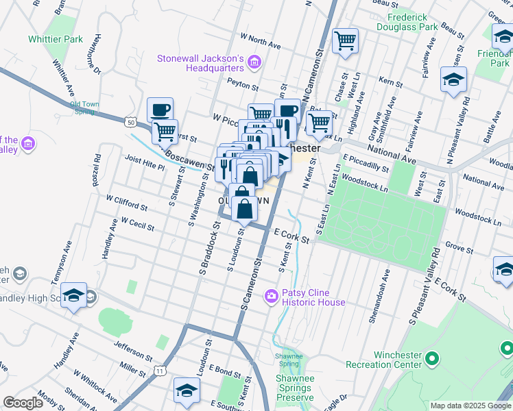 map of restaurants, bars, coffee shops, grocery stores, and more near 54 South Loudoun Street in Winchester