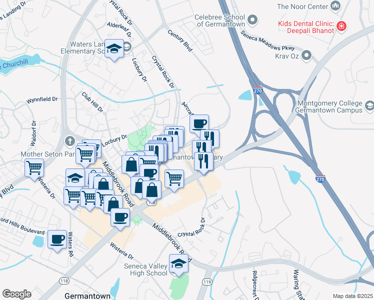 map of restaurants, bars, coffee shops, grocery stores, and more near 19905 Century Boulevard in Germantown