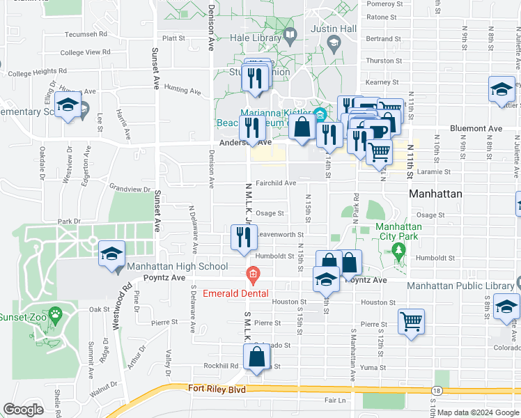 map of restaurants, bars, coffee shops, grocery stores, and more near 1638 Osage Street in Manhattan