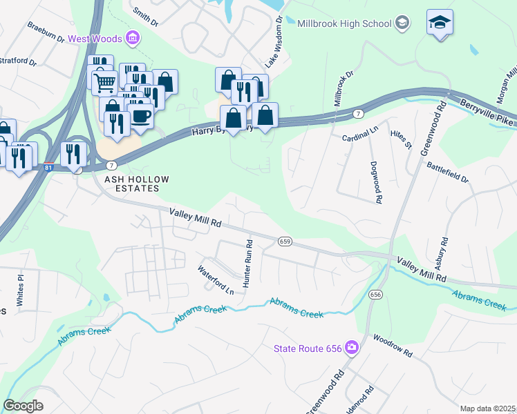 map of restaurants, bars, coffee shops, grocery stores, and more near 213 Ash Hollow Drive in Winchester