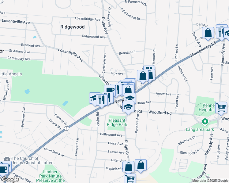map of restaurants, bars, coffee shops, grocery stores, and more near 3110 Losantiville Avenue in Cincinnati