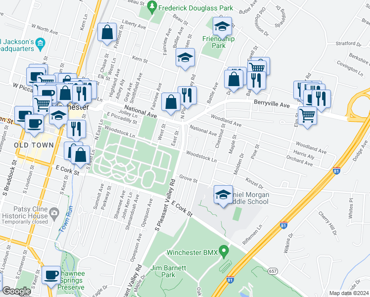 map of restaurants, bars, coffee shops, grocery stores, and more near 7 Raleigh Court in Winchester