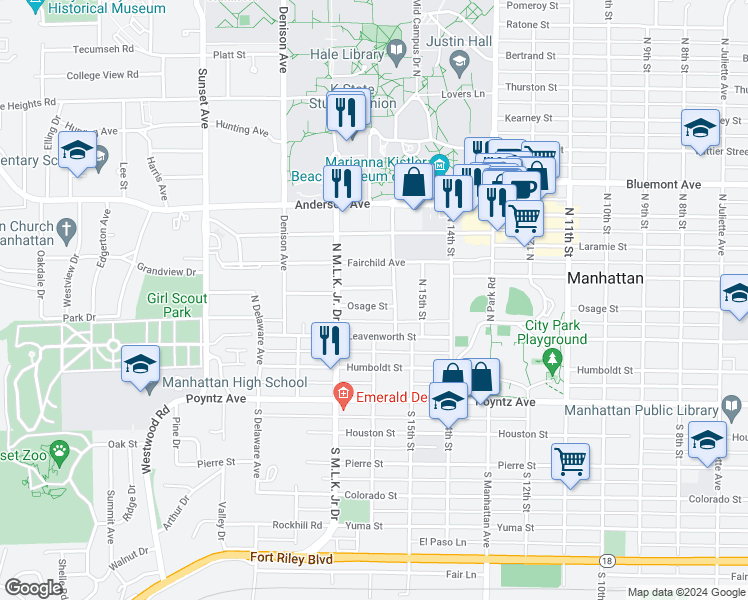 map of restaurants, bars, coffee shops, grocery stores, and more near 1616 Osage Street in Manhattan