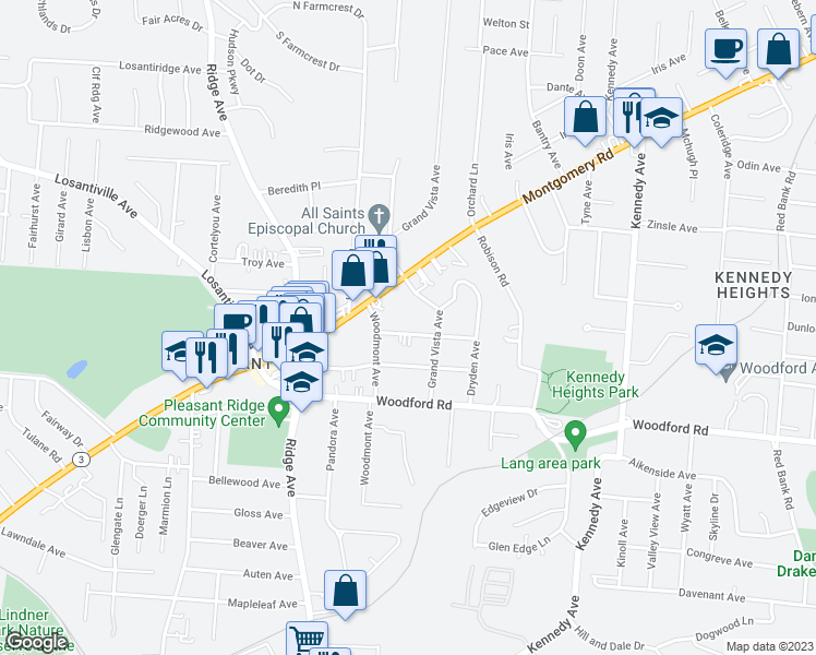 map of restaurants, bars, coffee shops, grocery stores, and more near 3326 Arrow Avenue in Cincinnati