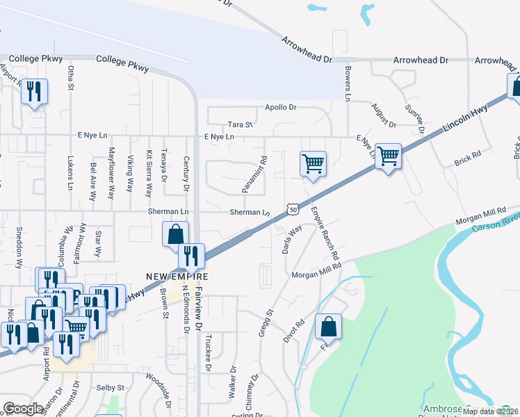 map of restaurants, bars, coffee shops, grocery stores, and more near 4240 Sherman Lane in Carson City