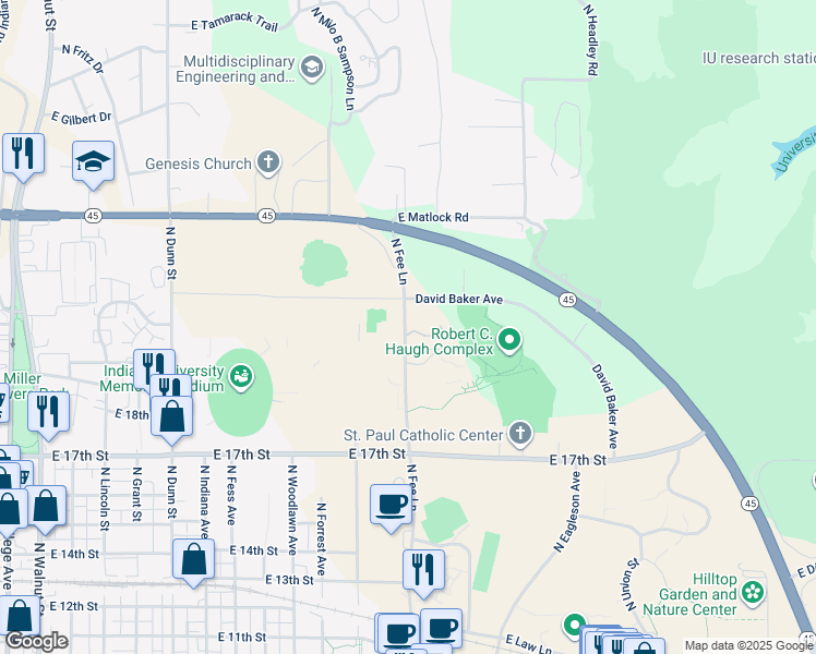 map of restaurants, bars, coffee shops, grocery stores, and more near 1800 North Fee Lane in Bloomington