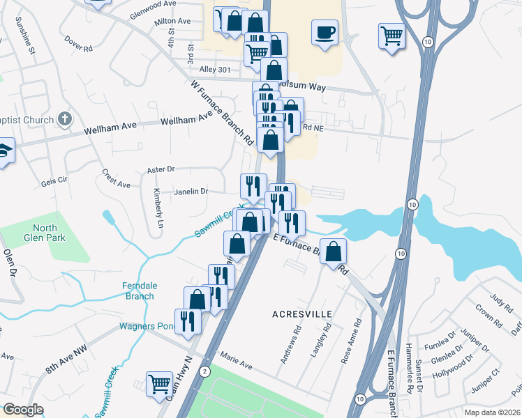 map of restaurants, bars, coffee shops, grocery stores, and more near 1205 Crain Highway in Glen Burnie