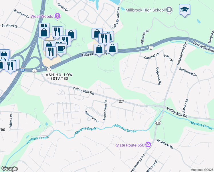 map of restaurants, bars, coffee shops, grocery stores, and more near 203 Ash Hollow Drive in Winchester