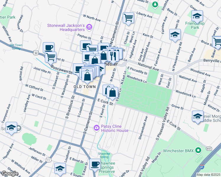 map of restaurants, bars, coffee shops, grocery stores, and more near 211 East Boscawen Street in Winchester
