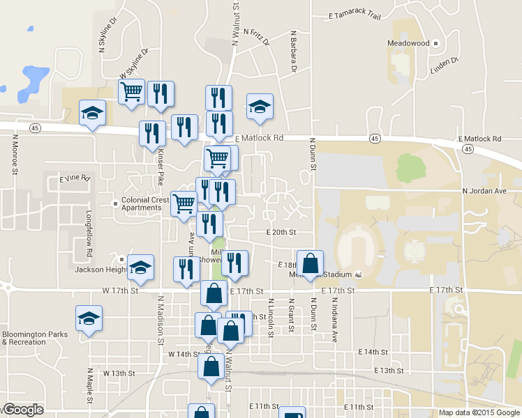 map of restaurants, bars, coffee shops, grocery stores, and more near 1766 North Washington Street in Bloomington