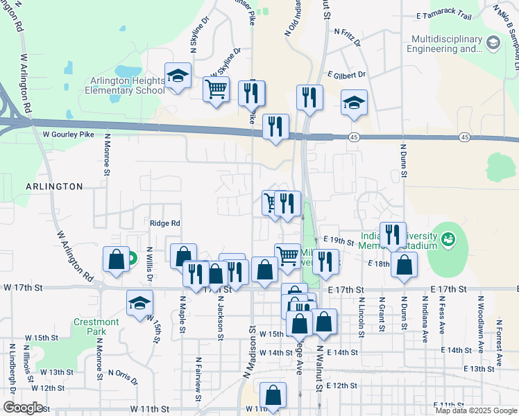 map of restaurants, bars, coffee shops, grocery stores, and more near 416 West Northlane Drive in Bloomington