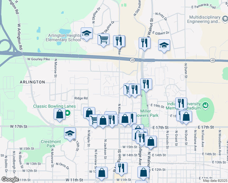 map of restaurants, bars, coffee shops, grocery stores, and more near 416 West Northlane Drive in Bloomington