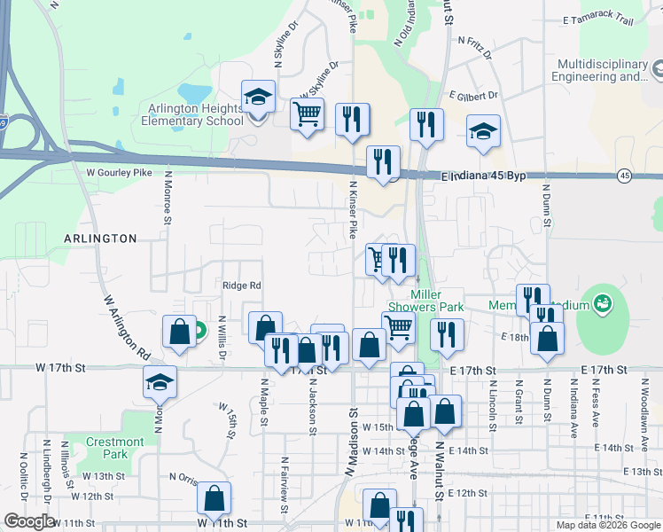 map of restaurants, bars, coffee shops, grocery stores, and more near 577 West Amaryllis Drive in Bloomington