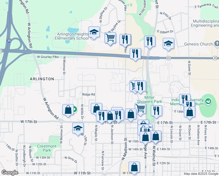 map of restaurants, bars, coffee shops, grocery stores, and more near 577 West Amaryllis Drive in Bloomington