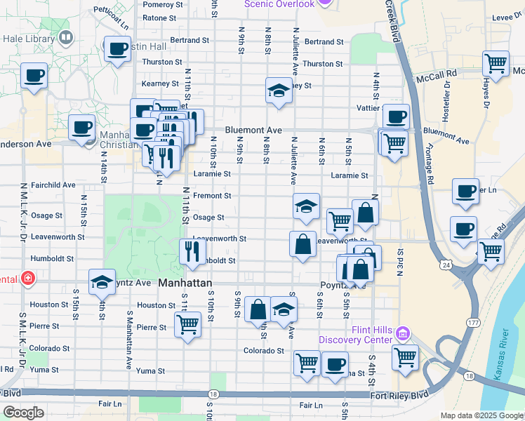 map of restaurants, bars, coffee shops, grocery stores, and more near 800 Osage Street in Manhattan