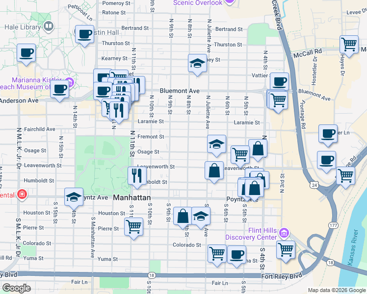 map of restaurants, bars, coffee shops, grocery stores, and more near 800 Osage Street in Manhattan