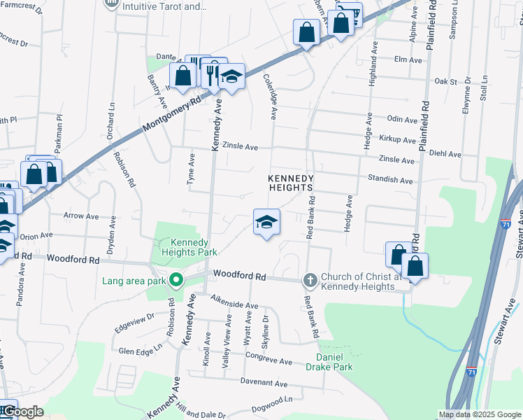 map of restaurants, bars, coffee shops, grocery stores, and more near 6187 Coleridge Avenue in Cincinnati