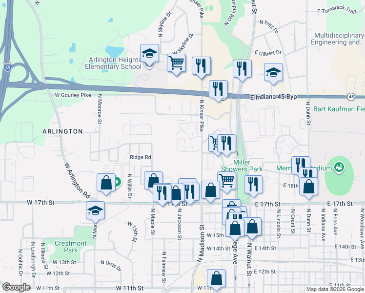 map of restaurants, bars, coffee shops, grocery stores, and more near 436 West Northlane Drive in Bloomington