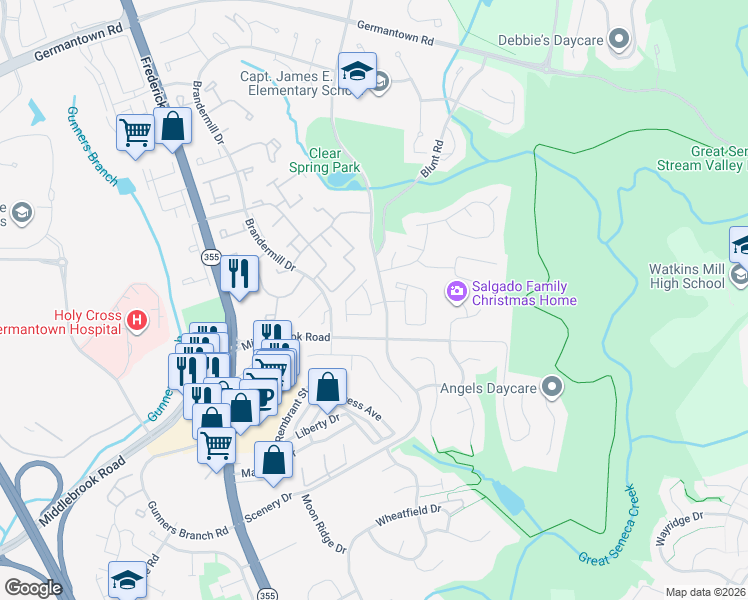 map of restaurants, bars, coffee shops, grocery stores, and more near 20056 Gateshead Circle in Germantown