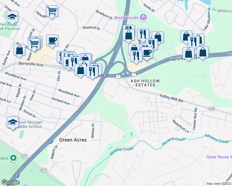map of restaurants, bars, coffee shops, grocery stores, and more near 113 Anderson Avenue in Winchester