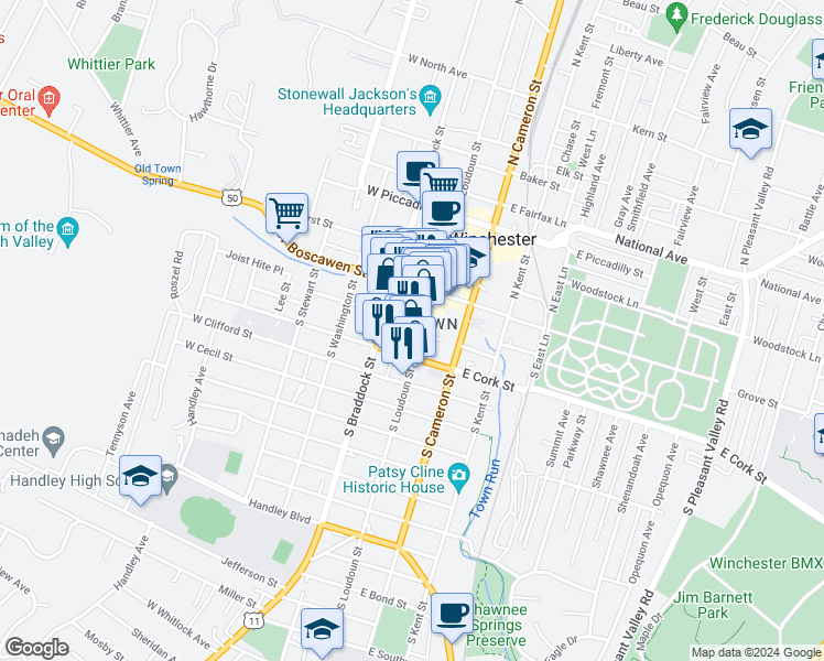 map of restaurants, bars, coffee shops, grocery stores, and more near 103 South Loudoun Street in Winchester
