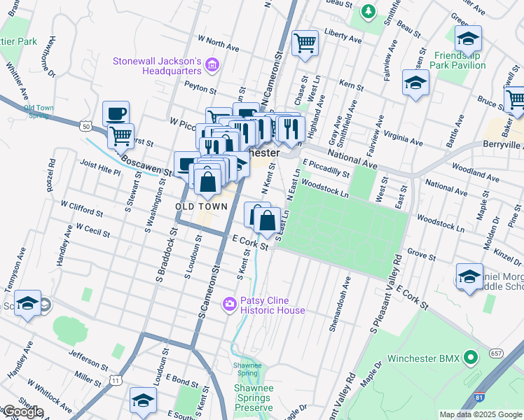 map of restaurants, bars, coffee shops, grocery stores, and more near 2 South Kent Street in Winchester
