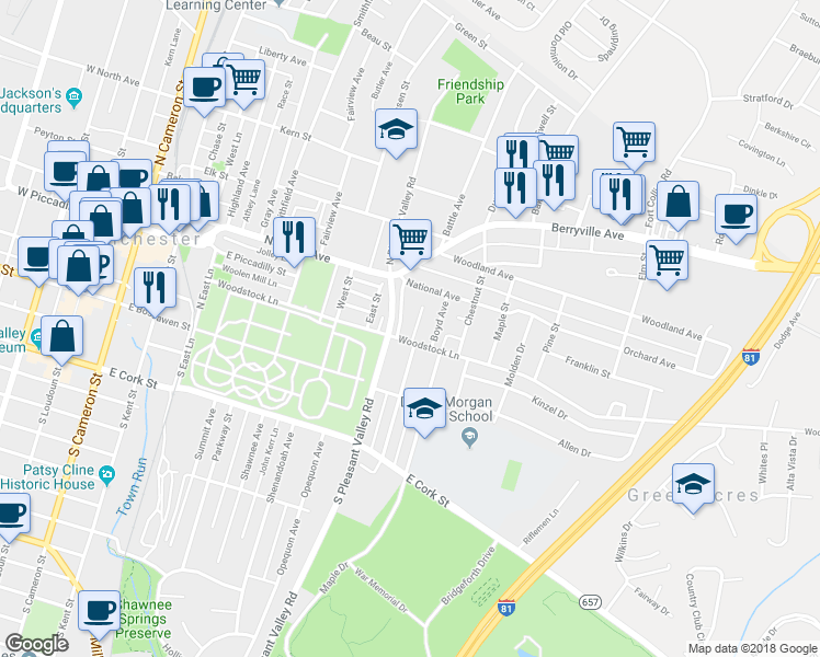 map of restaurants, bars, coffee shops, grocery stores, and more near 209 Kimberly Way in Winchester