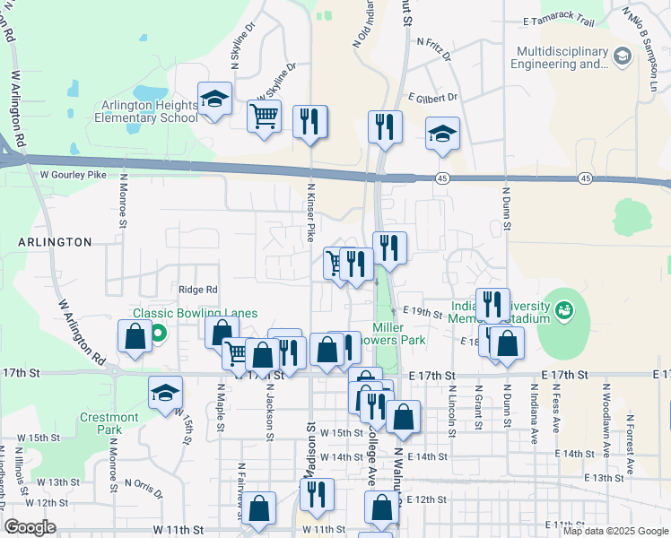 map of restaurants, bars, coffee shops, grocery stores, and more near 1508 North Woodburn Avenue in Bloomington