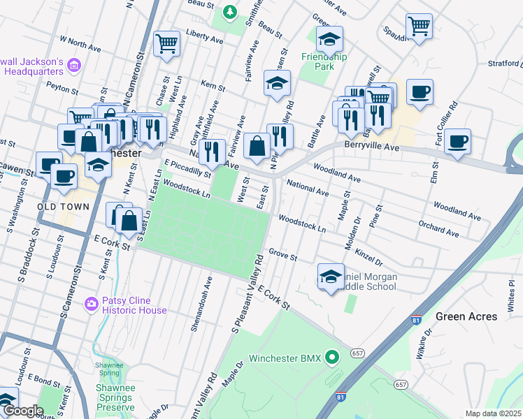 map of restaurants, bars, coffee shops, grocery stores, and more near 200 East Street in Winchester