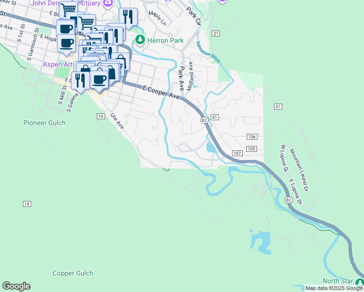 map of restaurants, bars, coffee shops, grocery stores, and more near 1412 Crystal Lake Road in Aspen