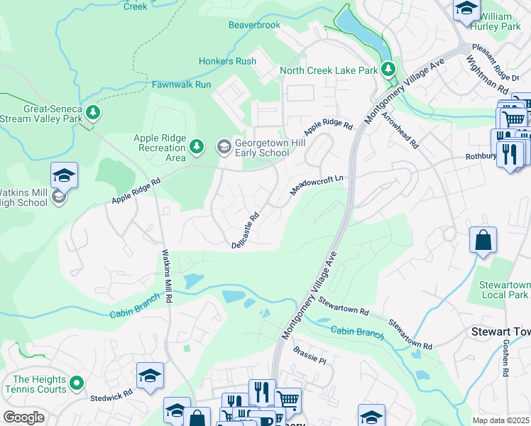 map of restaurants, bars, coffee shops, grocery stores, and more near 9836 Dellcastle Road in Montgomery Village