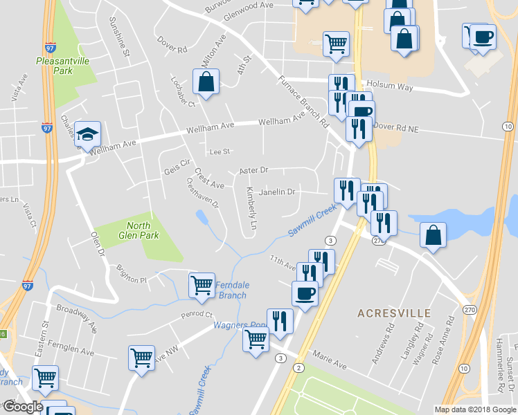map of restaurants, bars, coffee shops, grocery stores, and more near 1225 Kimberly Lane in Glen Burnie