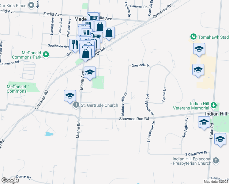 map of restaurants, bars, coffee shops, grocery stores, and more near 6526 Foxchase Lane in Cincinnati