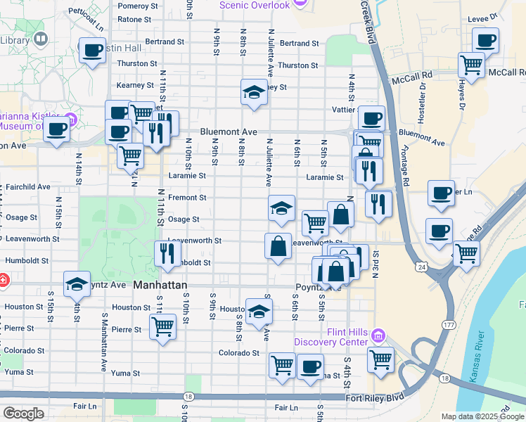 map of restaurants, bars, coffee shops, grocery stores, and more near 411 North Juliette Avenue in Manhattan