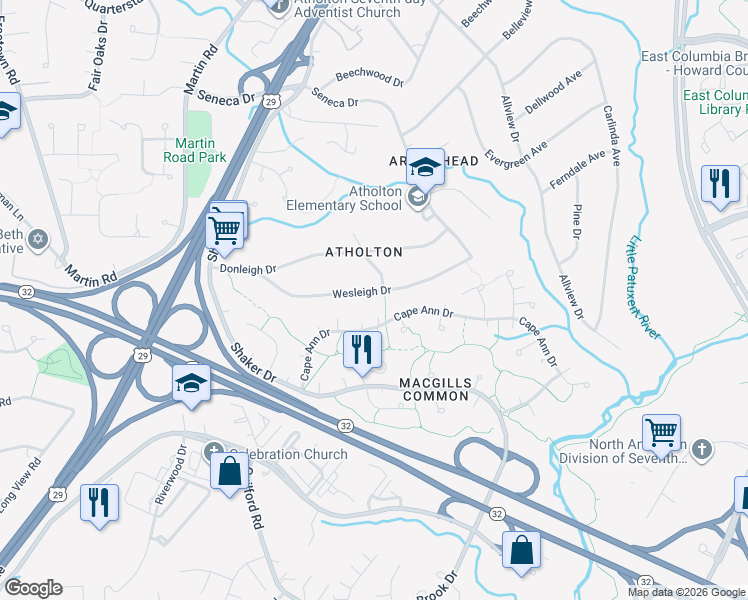 map of restaurants, bars, coffee shops, grocery stores, and more near 10201 Wesleigh Drive in Columbia