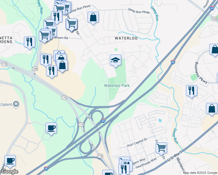 map of restaurants, bars, coffee shops, grocery stores, and more near Old Waterloo Road in Elkridge