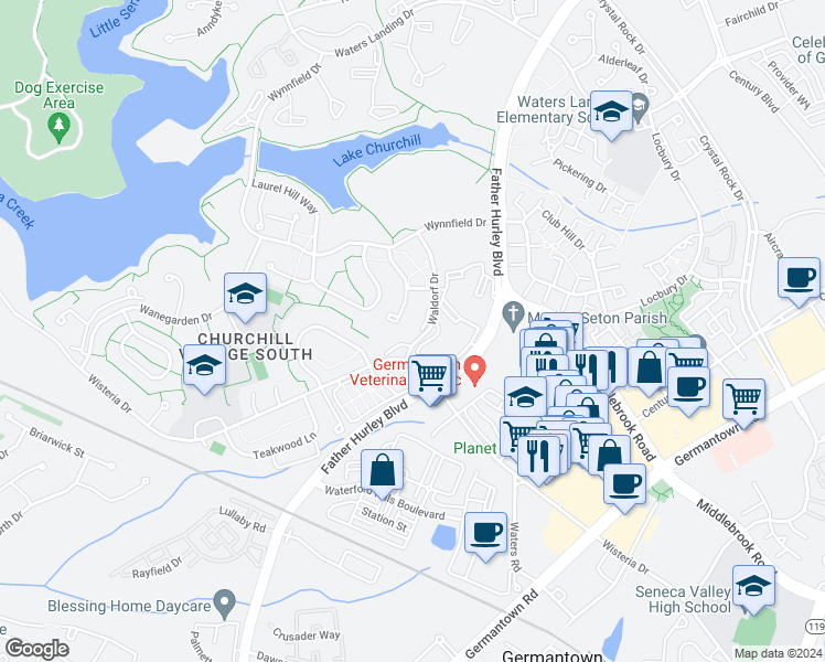 map of restaurants, bars, coffee shops, grocery stores, and more near 19900 Waterloo Court in Germantown