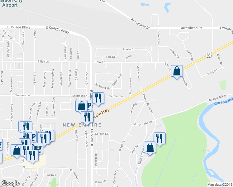 map of restaurants, bars, coffee shops, grocery stores, and more near 2525 Panamint Road in Carson City