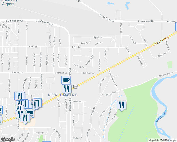 map of restaurants, bars, coffee shops, grocery stores, and more near 2525 Panamint Road in Carson City