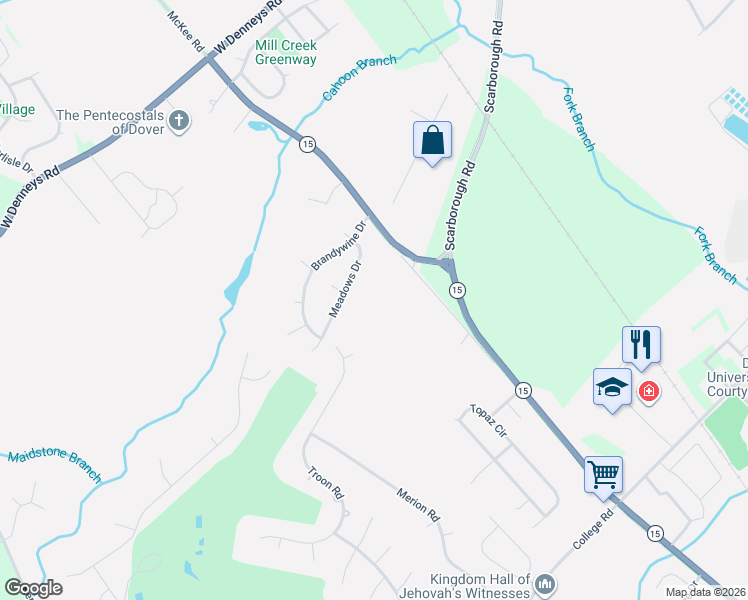 map of restaurants, bars, coffee shops, grocery stores, and more near 1506 McKee Road in Dover
