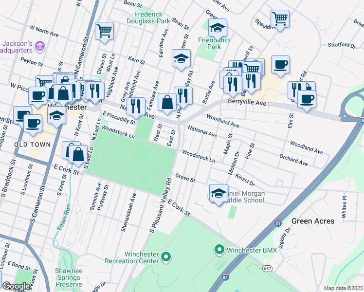 map of restaurants, bars, coffee shops, grocery stores, and more near 14 Raleigh Court in Winchester
