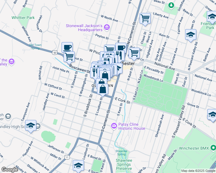 map of restaurants, bars, coffee shops, grocery stores, and more near 27 South Cameron Street in Winchester