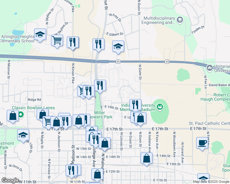 map of restaurants, bars, coffee shops, grocery stores, and more near 1766 North Washington Street in Bloomington