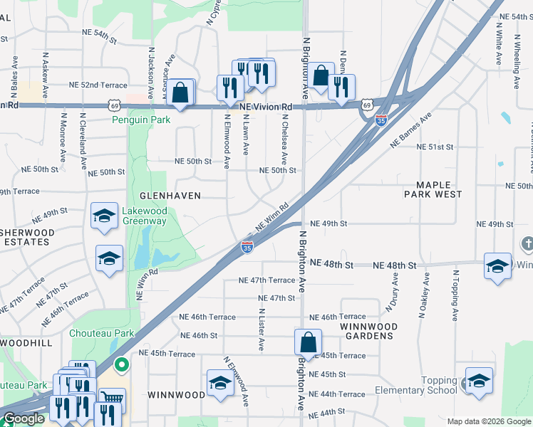 map of restaurants, bars, coffee shops, grocery stores, and more near 4631 Northeast 48th Terrace in Kansas City
