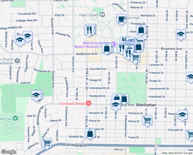 map of restaurants, bars, coffee shops, grocery stores, and more near 1630 Osage Street in Manhattan